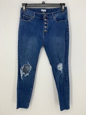 C+J Womens Medium Blue Wash Distressed Button Fly Jeans Raw Hem Size 31